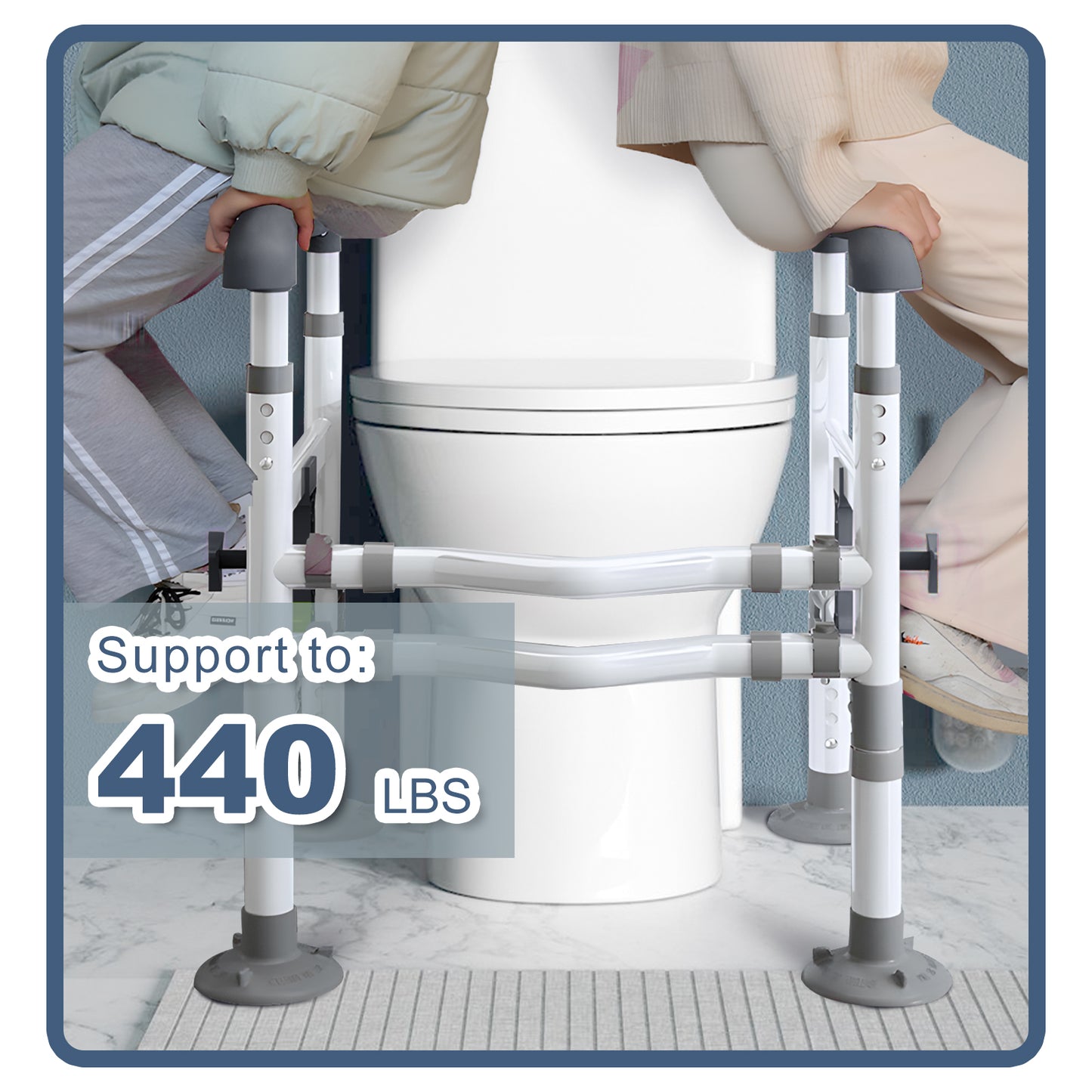 3-Way Adjustable Toilet Safety Frame, Anti-Slip Handrails, Suction Cups, Supports 220 lbs