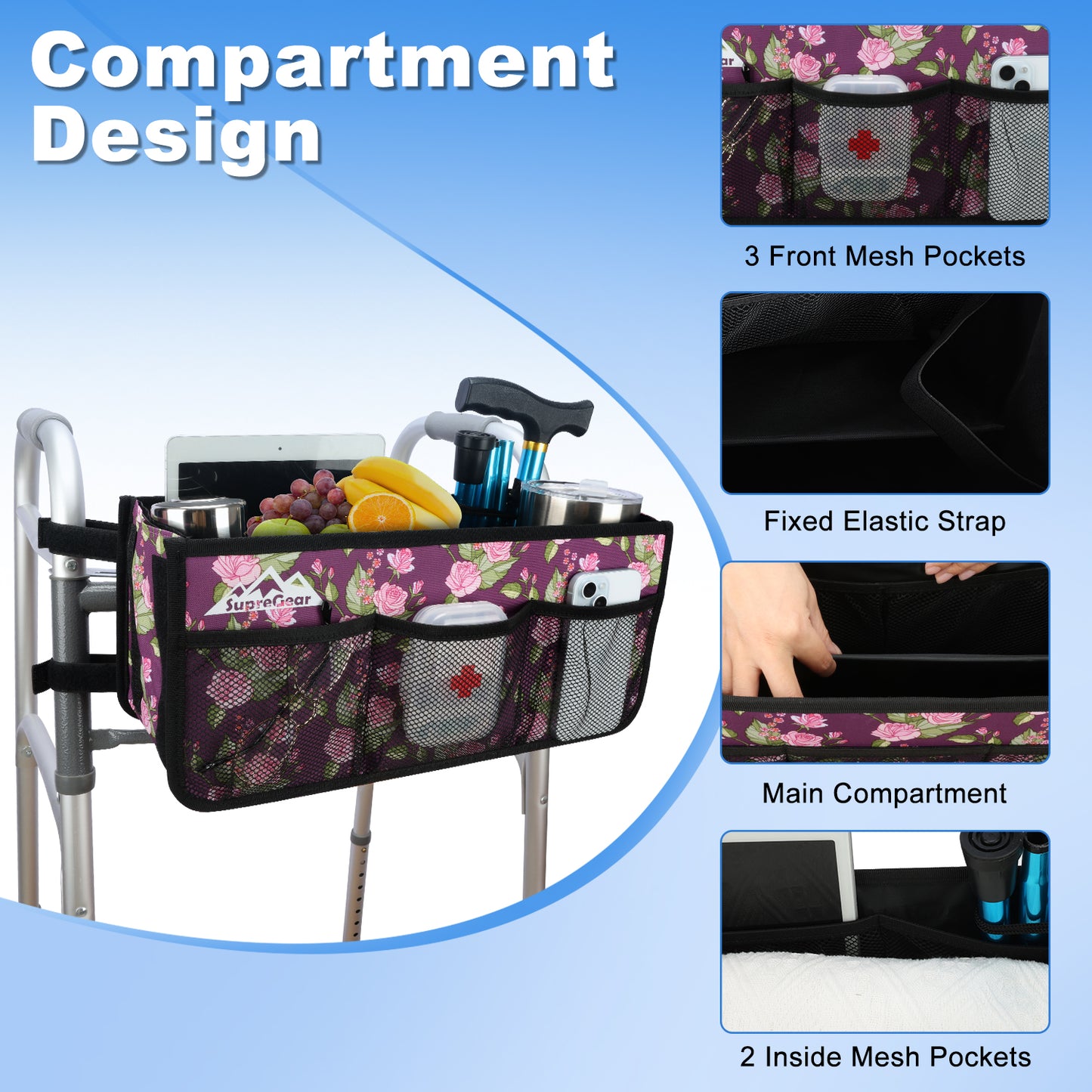 Walker Basket with Cup Holder, Foldable No-Tip Storage Bag