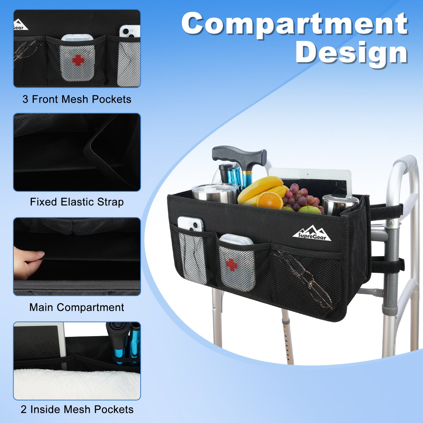 Walker Basket with Cup Holder, Foldable No-Tip Storage Bag