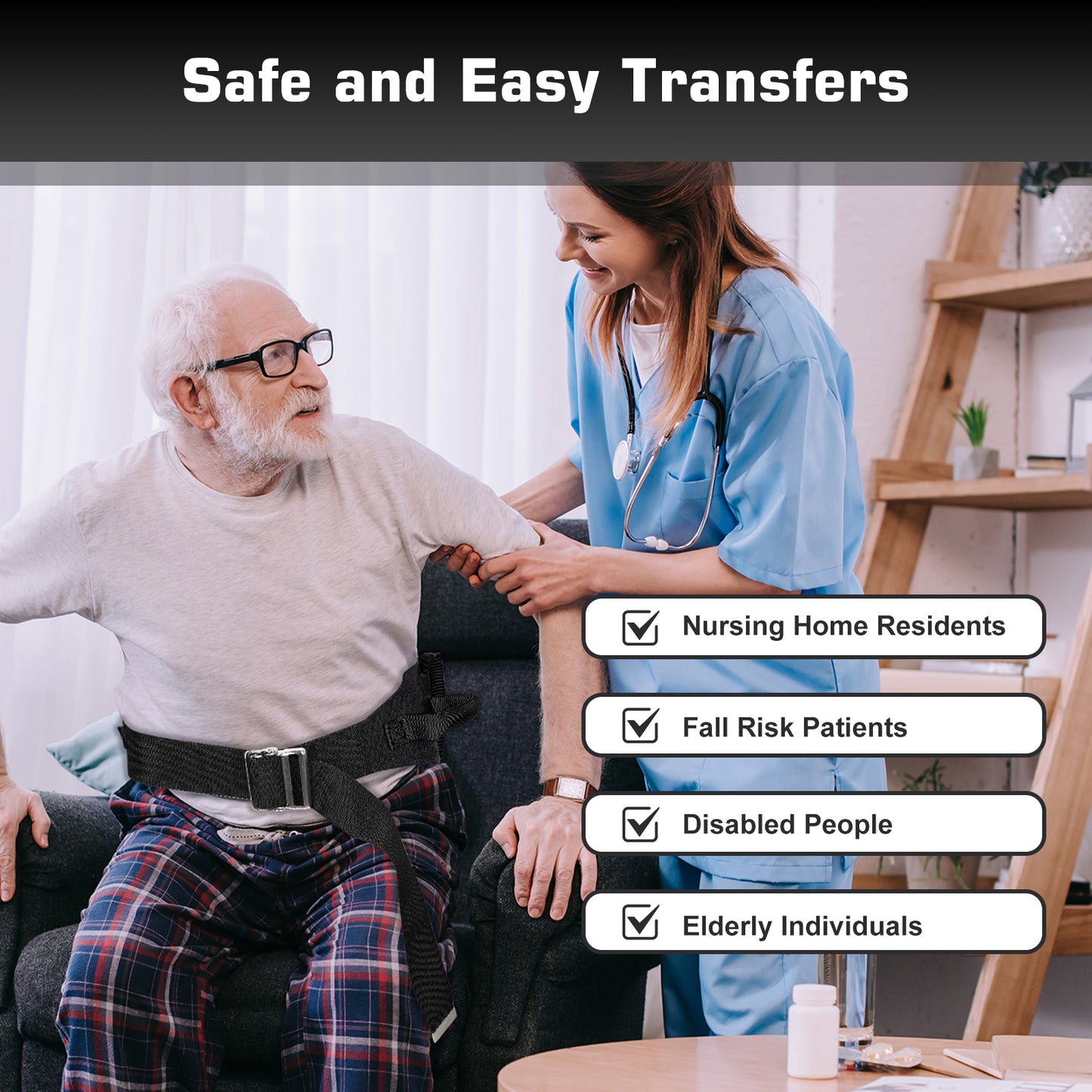 Gait Belt for Transfer Assistance, 4-Inch Strap, Supports Up to 300 lbs