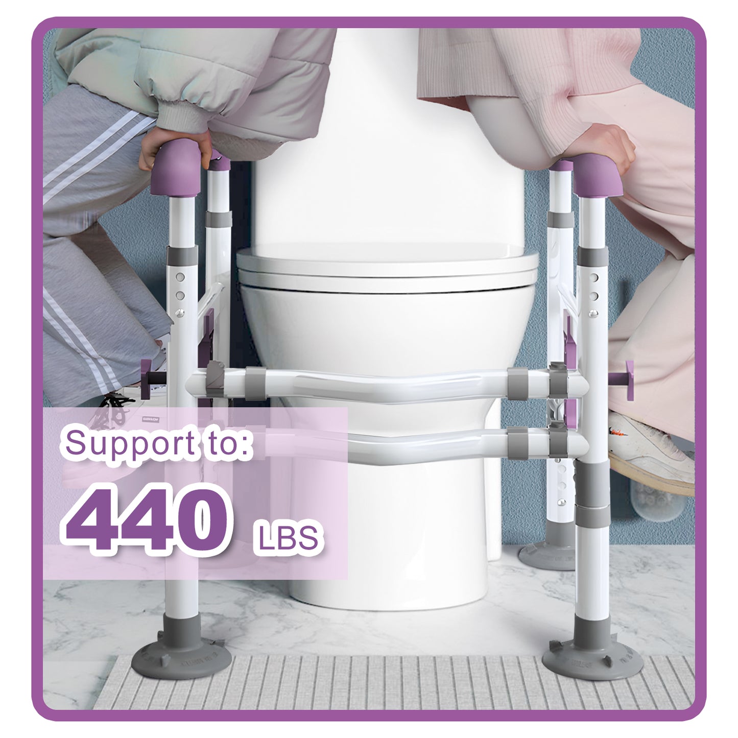 3-Way Adjustable Toilet Safety Frame, Anti-Slip Handrails, Suction Cups, Supports 220 lbs