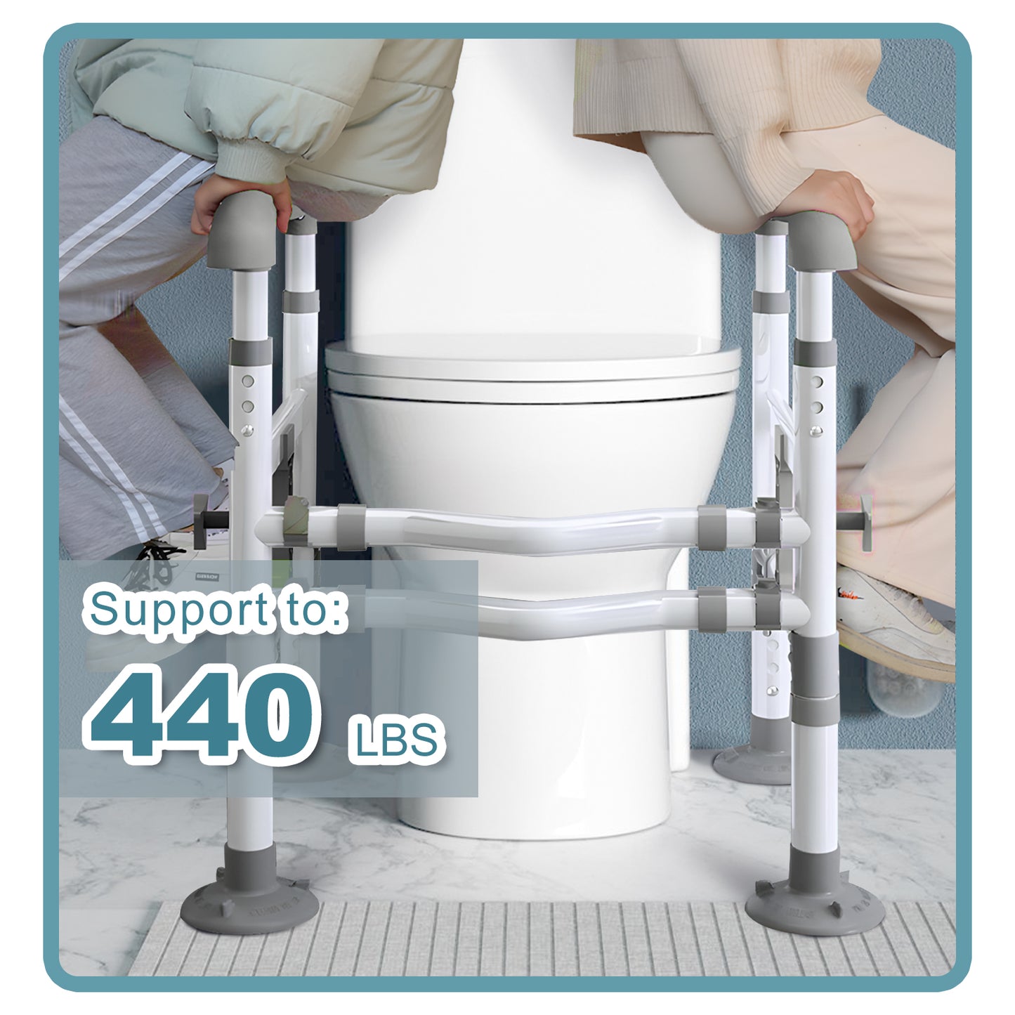 3-Way Adjustable Toilet Safety Frame, Anti-Slip Handrails, Suction Cups, Supports 220 lbs
