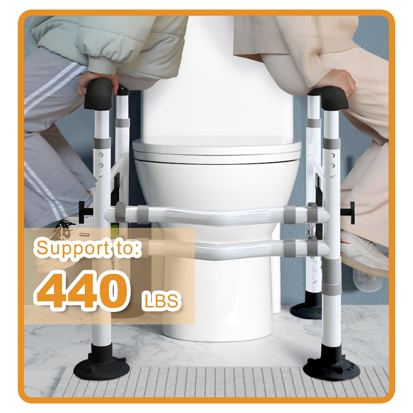 3-Way Adjustable Toilet Safety Frame, Anti-Slip Handrails, Suction Cups, Supports 220 lbs