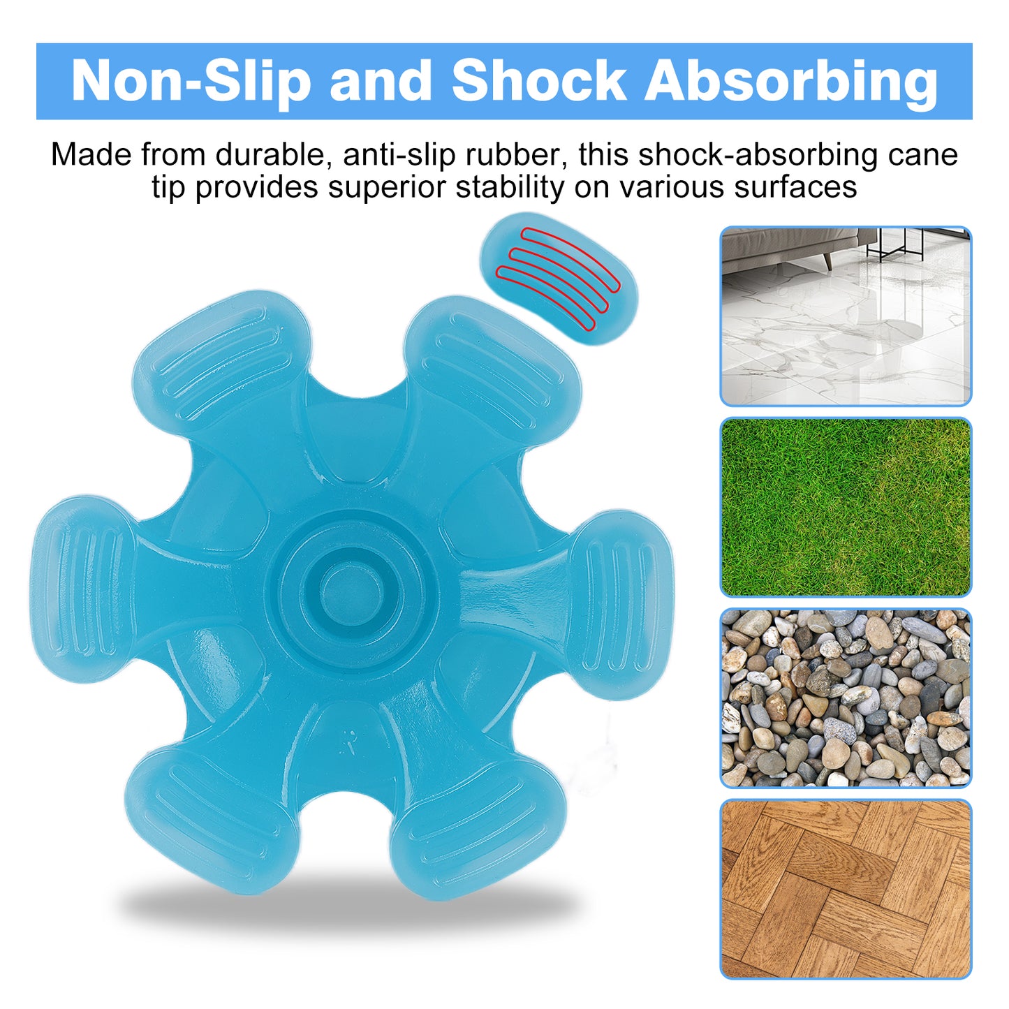 Glow-in-the-Dark 6-Prong Cane Tip, 3/4" Heavy Duty Rubber Base, Non-Slip & Self-Standing