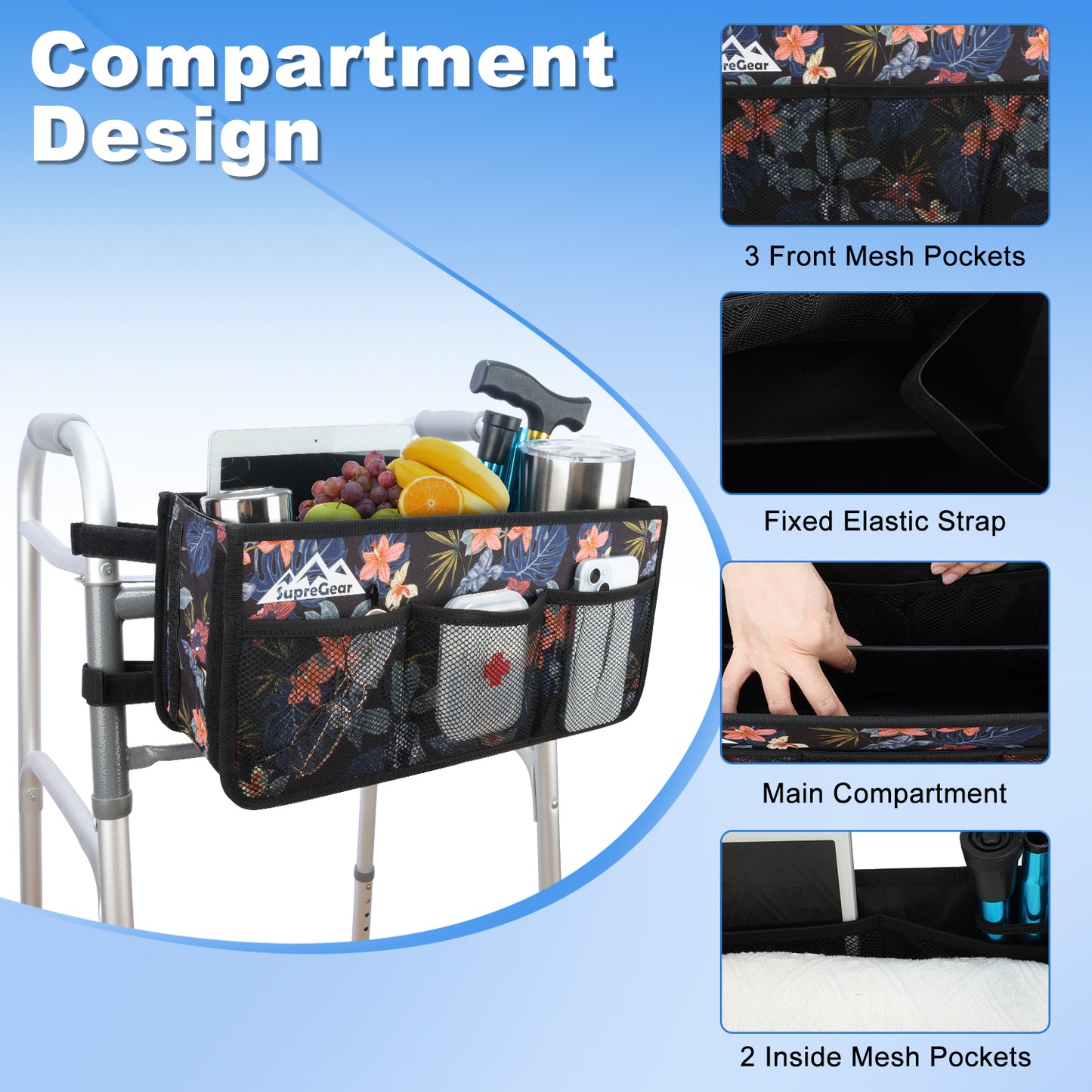 Walker Basket with Cup Holder, Foldable No-Tip Storage Bag