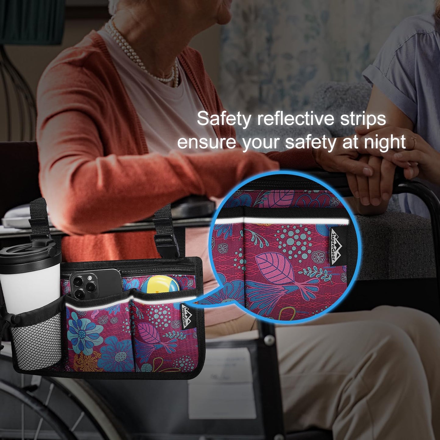 6 Pocket Wheelchair Side Bag with Reflective Stripes