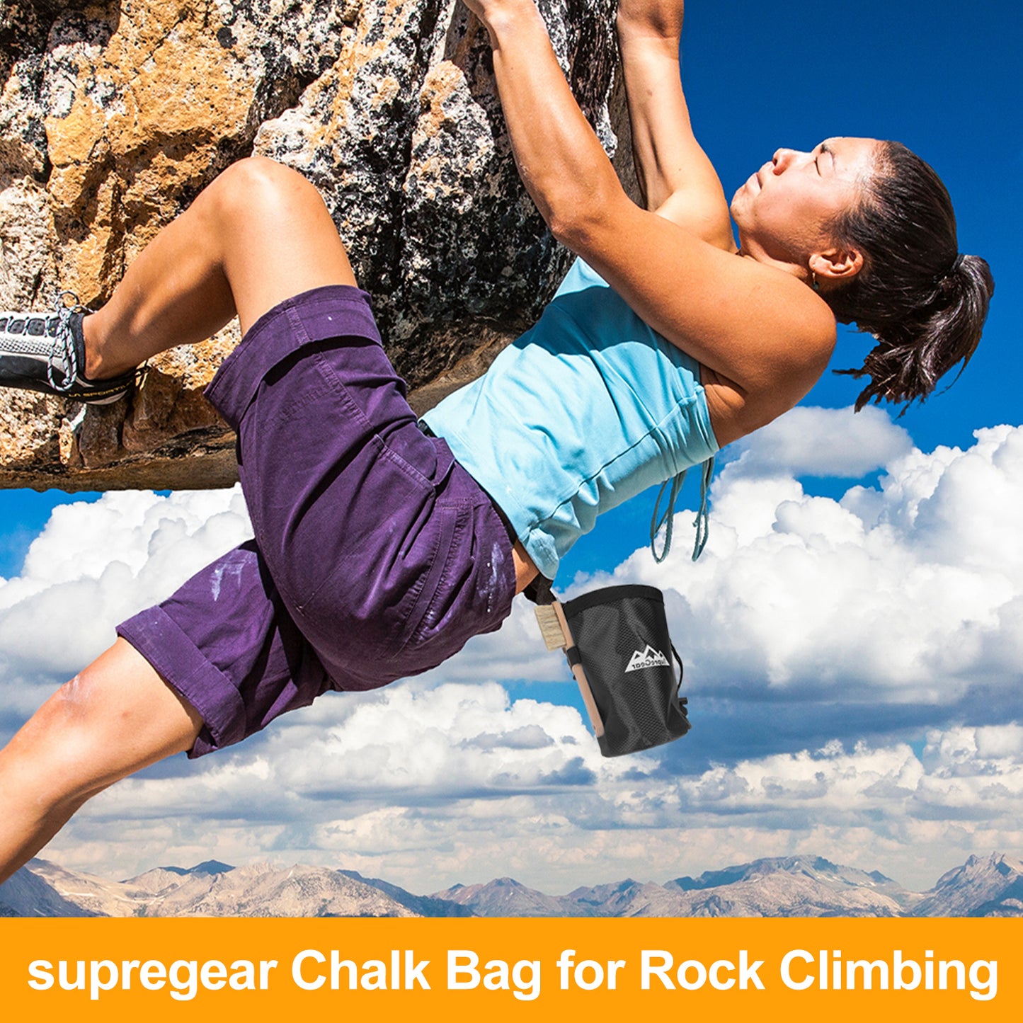 Rock Climbing Chalk Bag, Large Drawstring Pouch with Zipper Pocket and Brush Holder