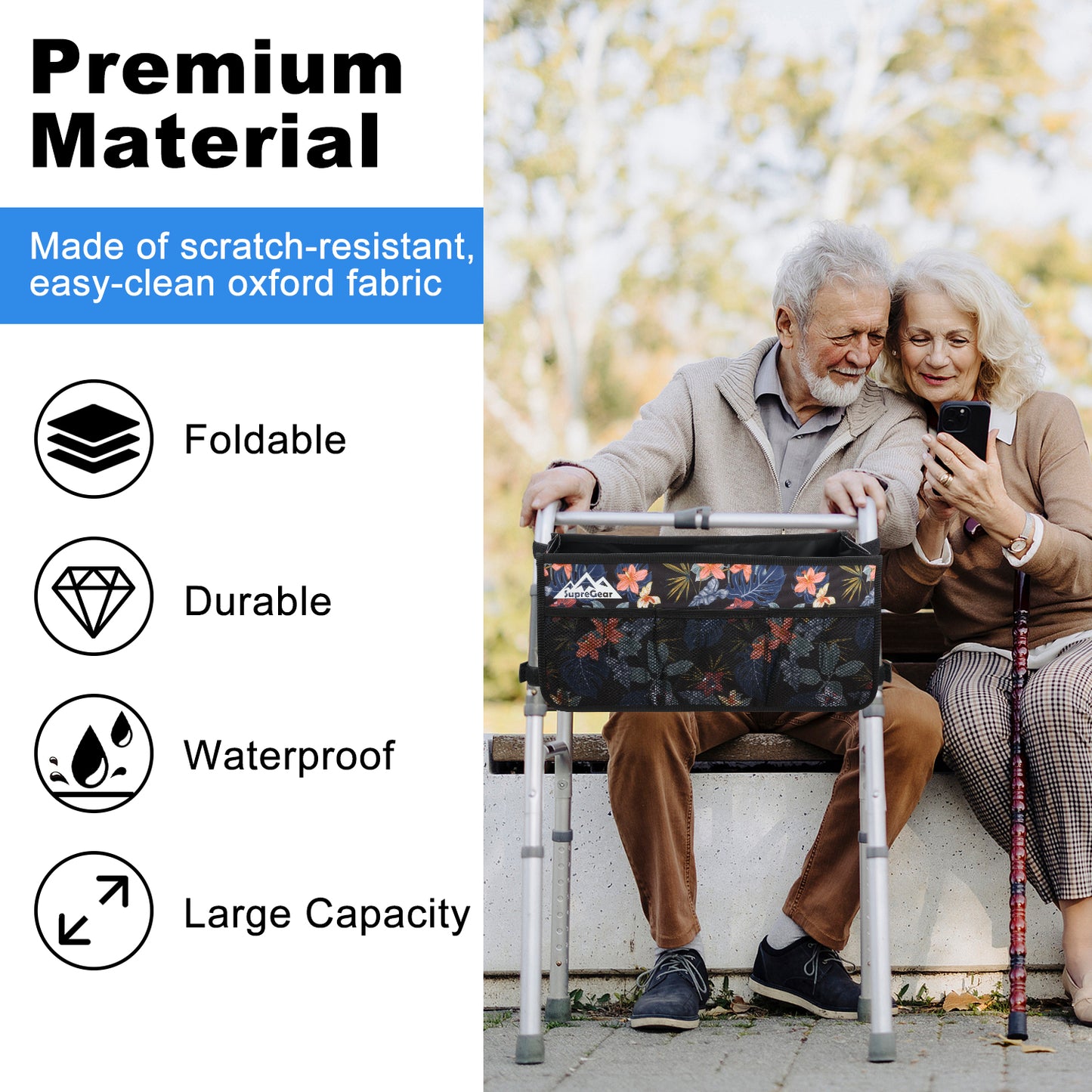 Walker Basket with Cup Holder, Foldable No-Tip Storage Bag