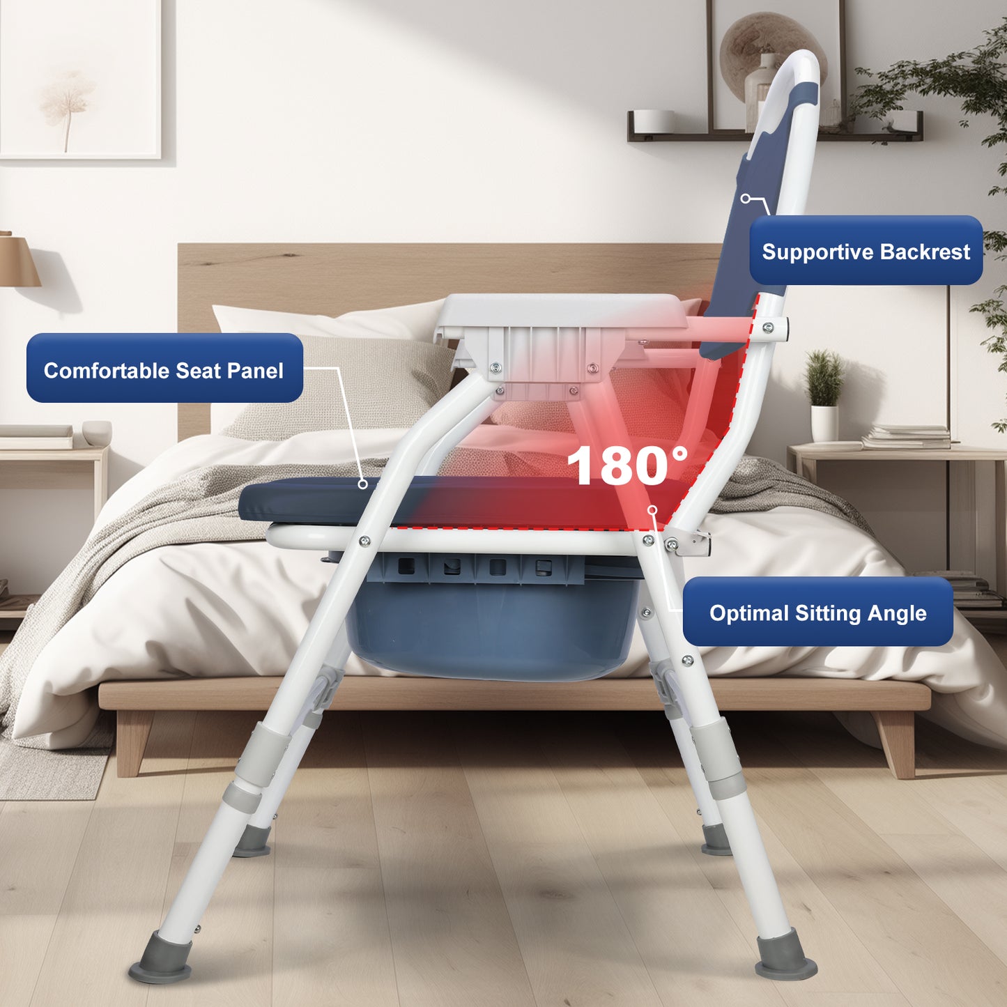 Aluminum Adjustable Folding Commode Chair, 330 lbs Capacity, Removable Bucket