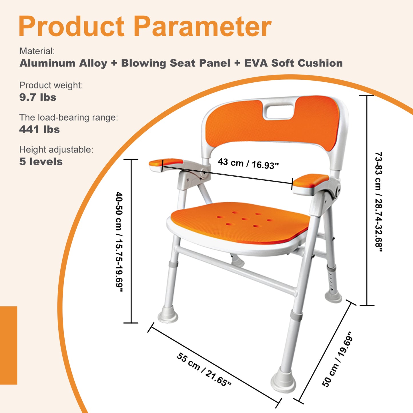 Instant-Fold Shower Chair w/ Adjustable Height & EVA Cushion