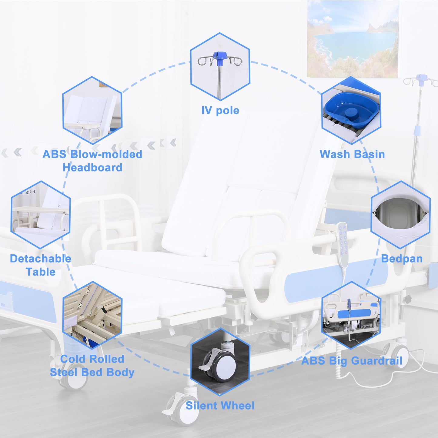 Widened 5-Function Electric Hospital Bed (Mattress Included)