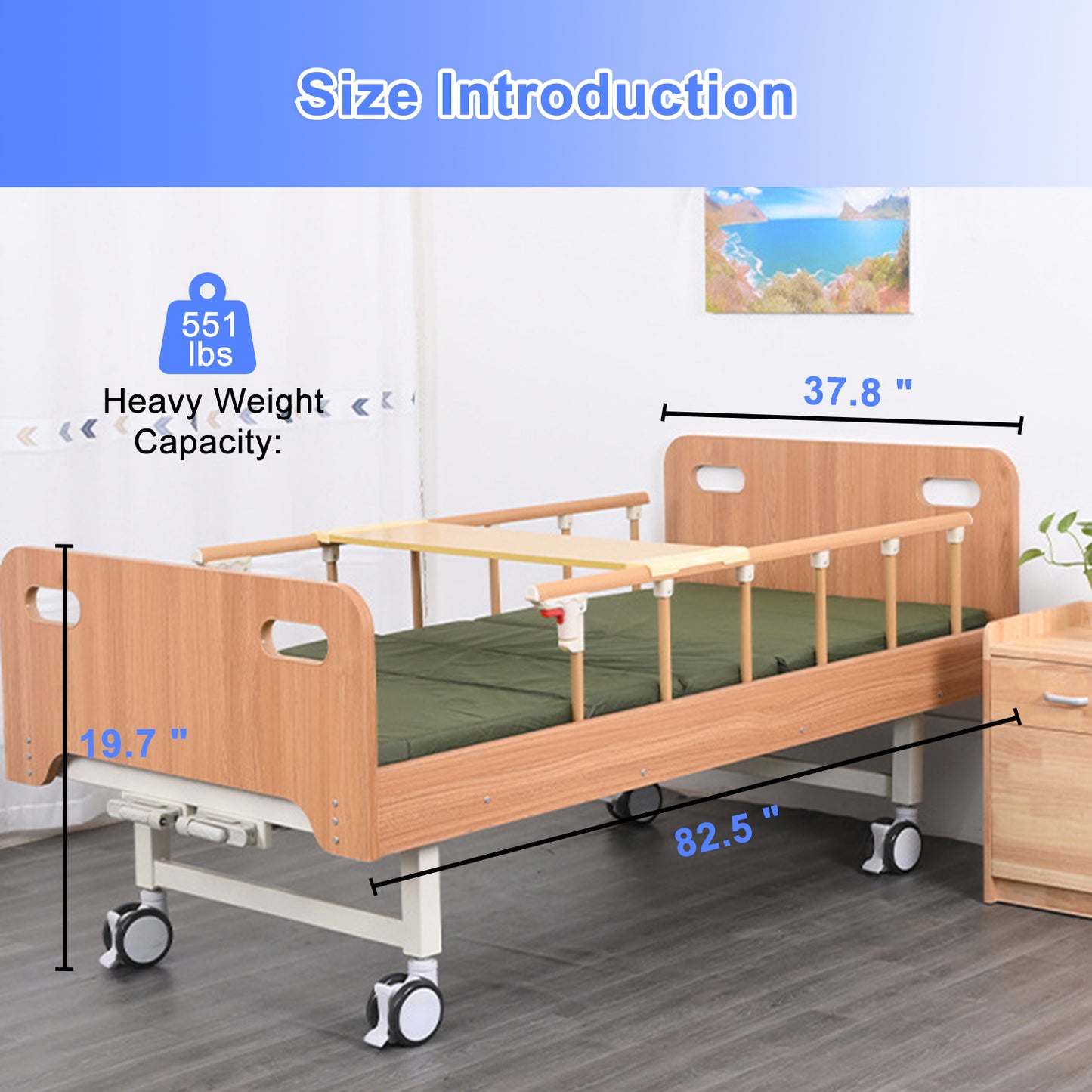 Wooden Hidden Hospital Bed w/ Full-Length Adjustable Side Rails