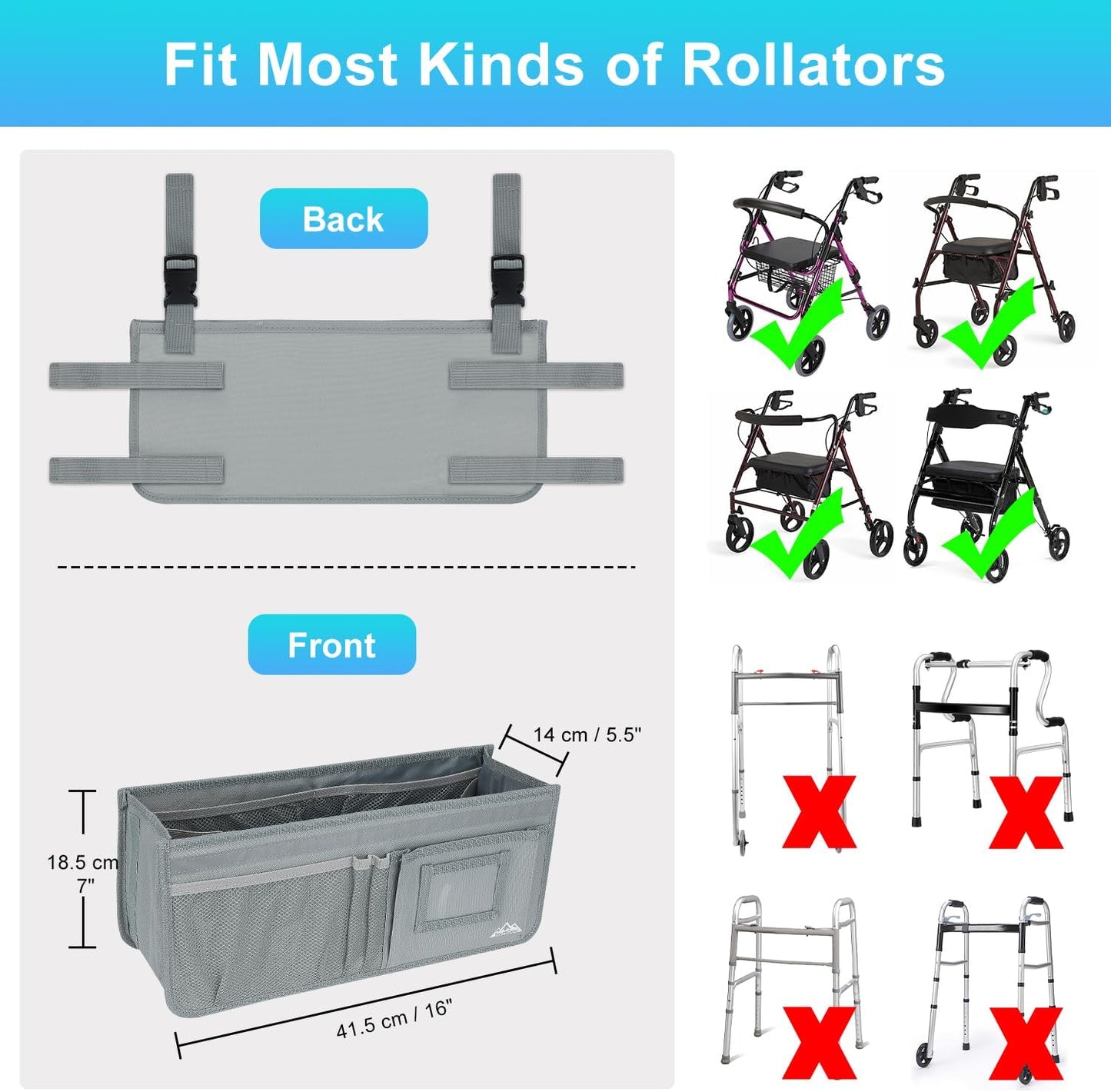 Rollator Basket, Large Waterproof Walker Organizer Bag