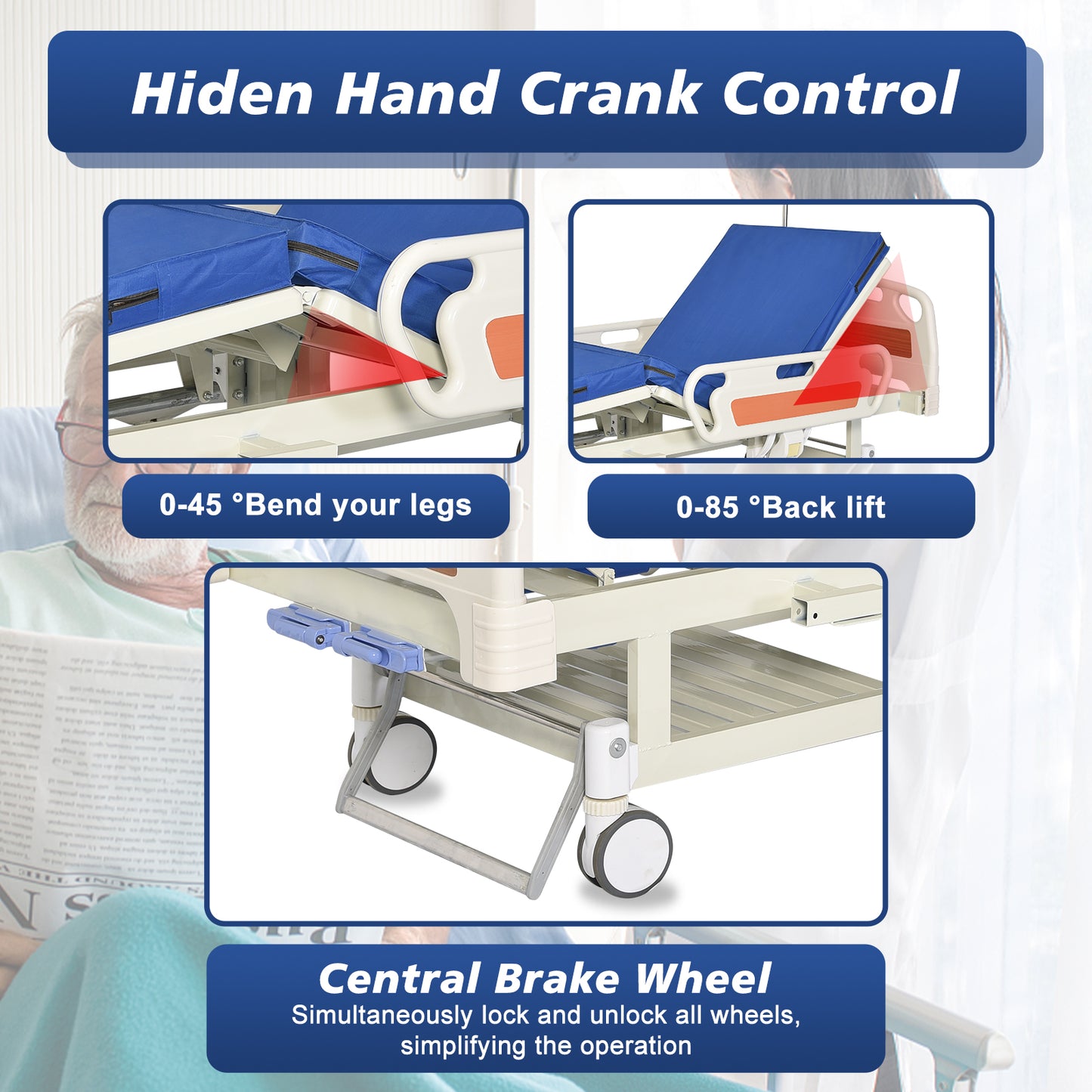 Hidden Adjustable Crank Hospital Bed(Mattress Included)