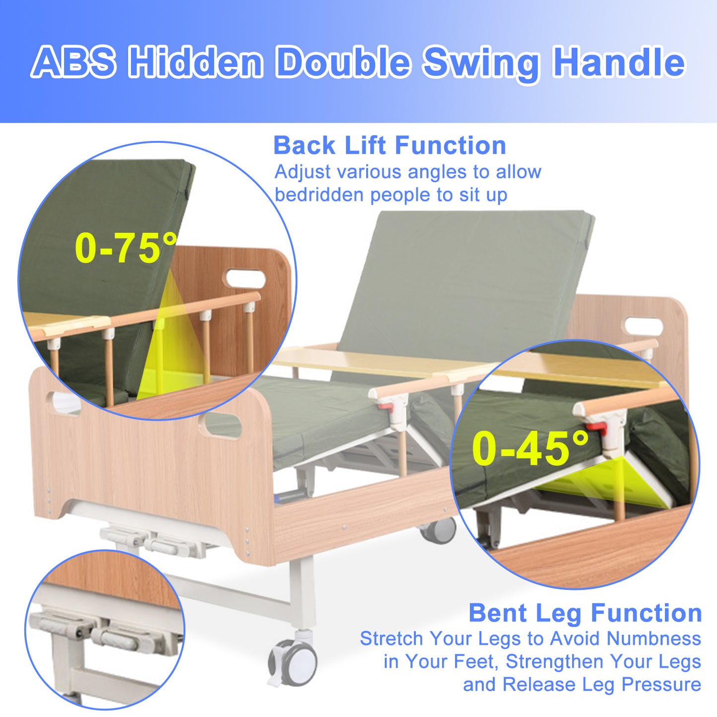Wooden Hidden Hospital Bed w/ Full-Length Adjustable Side Rails