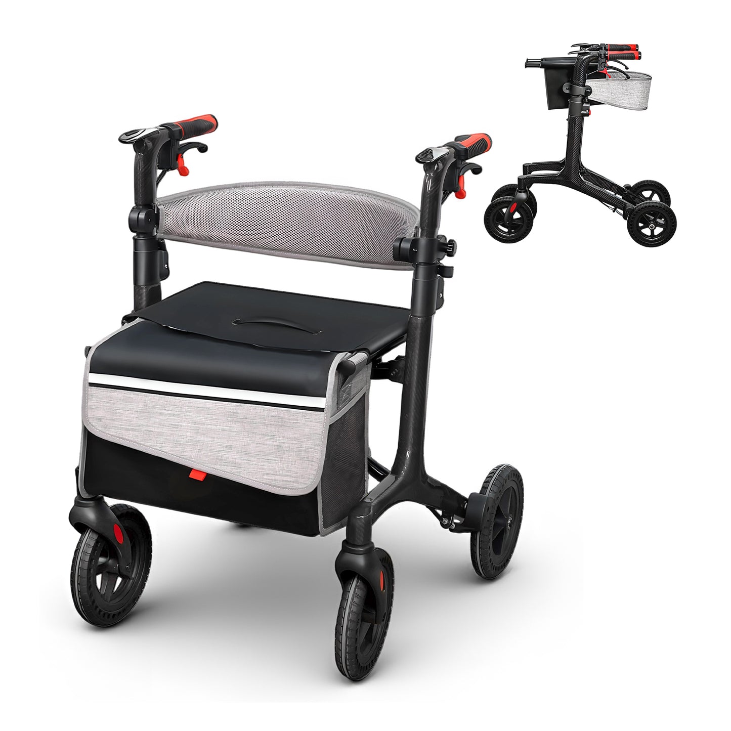 Carbon Fiber Foldable Rollator Walker, Ultra-Light Strong Mobility Cart for Seniors with Easy-Lift Design for Home, Travel & Daily Use