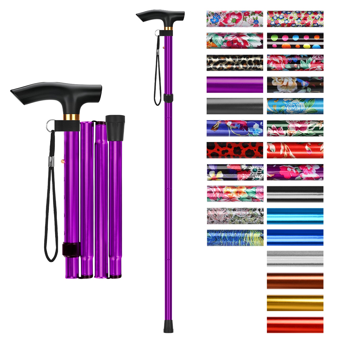 Folding Cane Adjustable Walking Stick Lightweight Travel Cane with T Handle