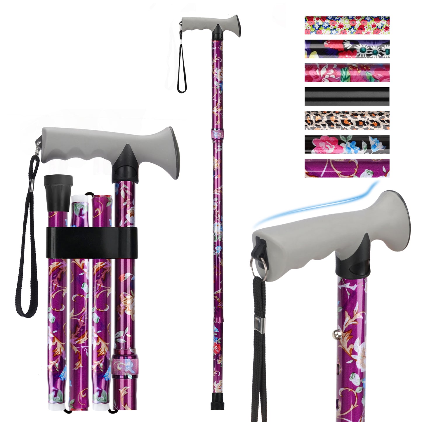Folding Walking Cane, Adjustable Height, Lightweight Floral Cane