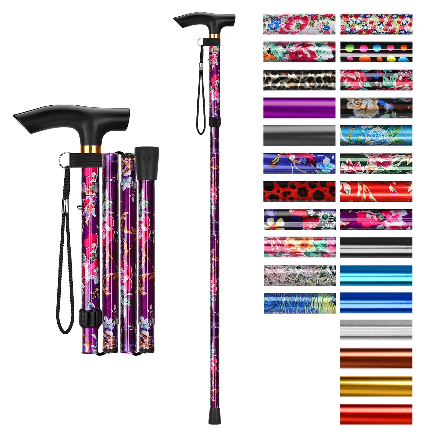 Folding Cane Adjustable Walking Stick Lightweight Travel Cane with T Handle
