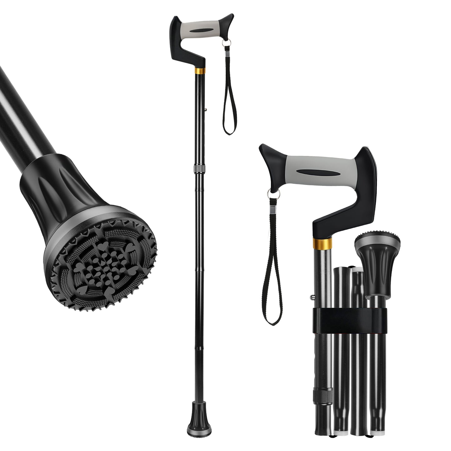 Foldable Adjustable Walking Cane with Offset Ergonomic Handle & All-Terrain Tip