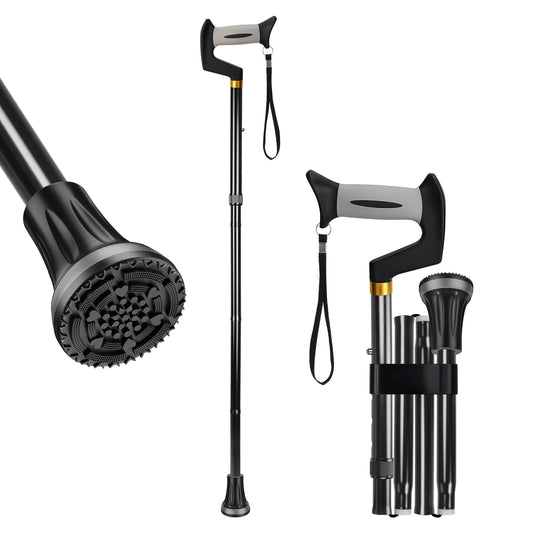 Foldable Adjustable Walking Cane with Offset Ergonomic Handle & All-Terrain Tip