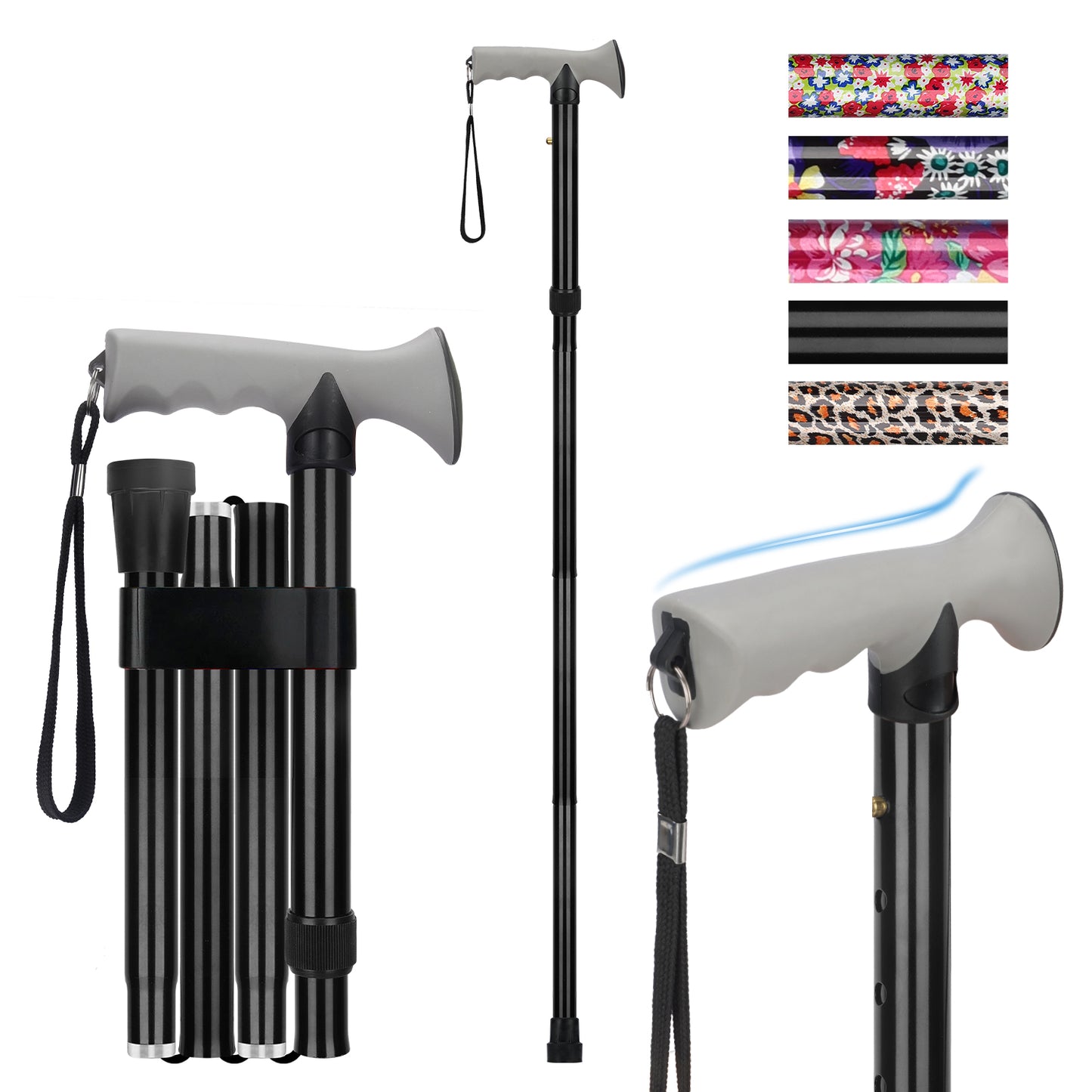 Folding Walking Cane, 5 Height Levels, Supports up to 250 lbs