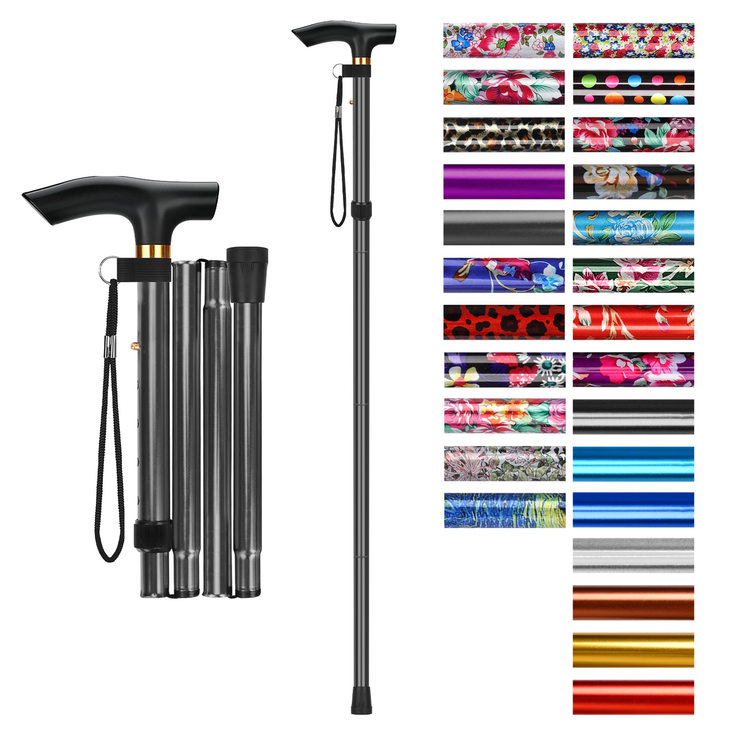 Folding Cane Adjustable Walking Stick Lightweight Travel Cane with T Handle