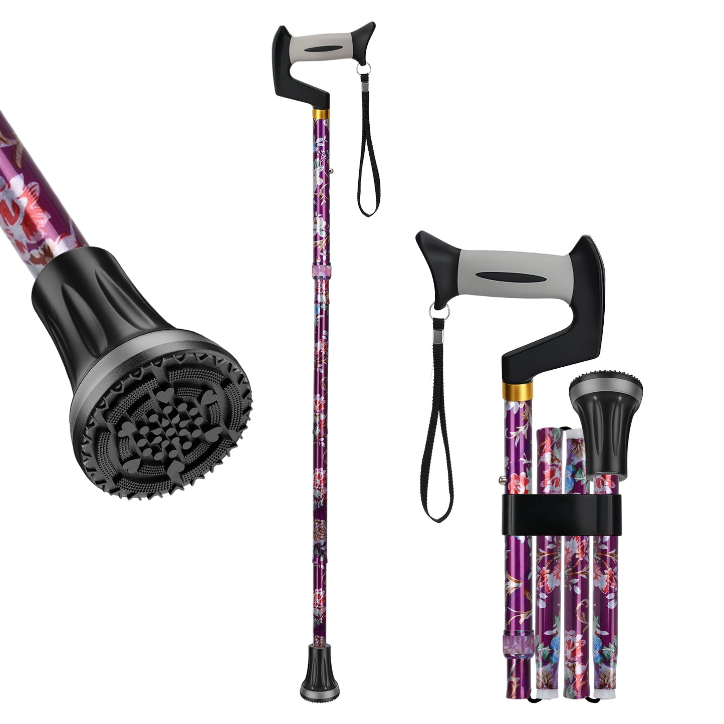Foldable Adjustable Walking Cane with Offset Ergonomic Handle & All-Terrain Tip