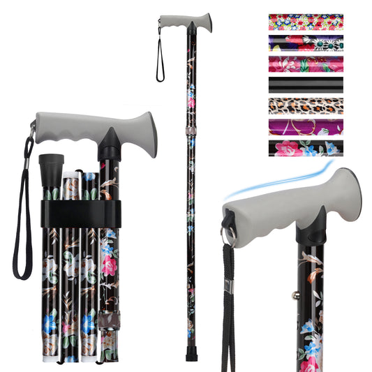 Folding Walking Cane, Adjustable Height, Lightweight Floral Cane