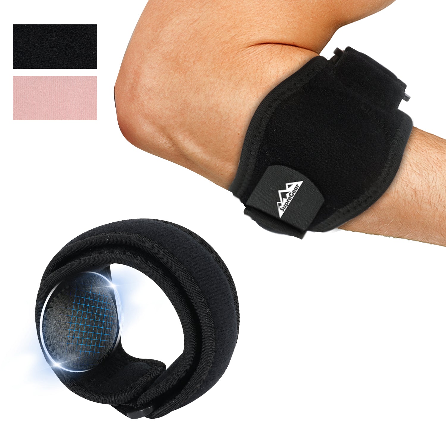 Elbow brace with adjustable straps and compression pad for forearm support.