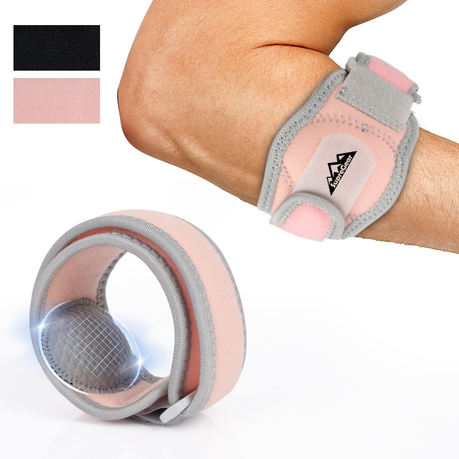 Elbow brace with adjustable straps and compression pad for forearm support.