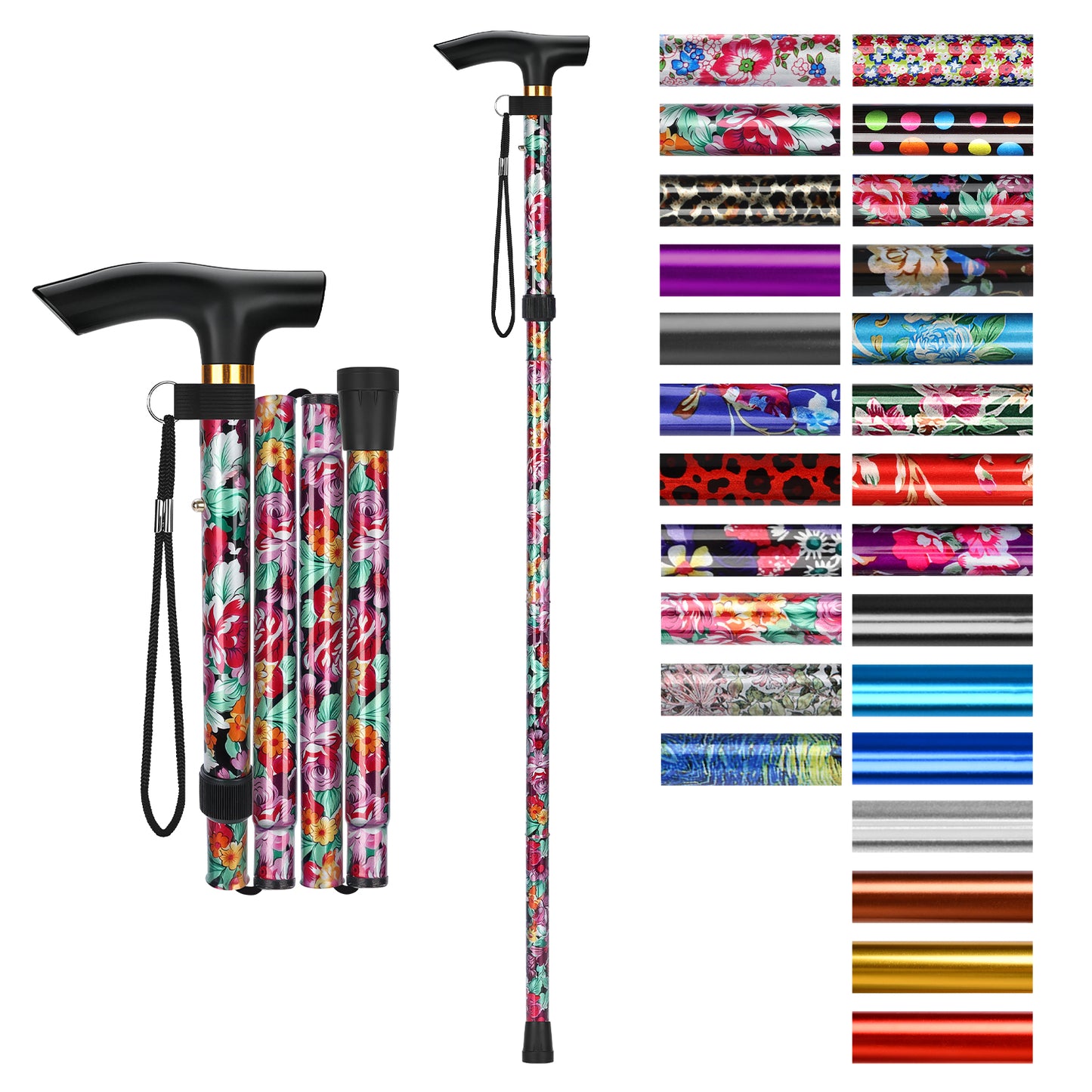 Folding Cane Adjustable Walking Stick Lightweight Travel Cane with T Handle