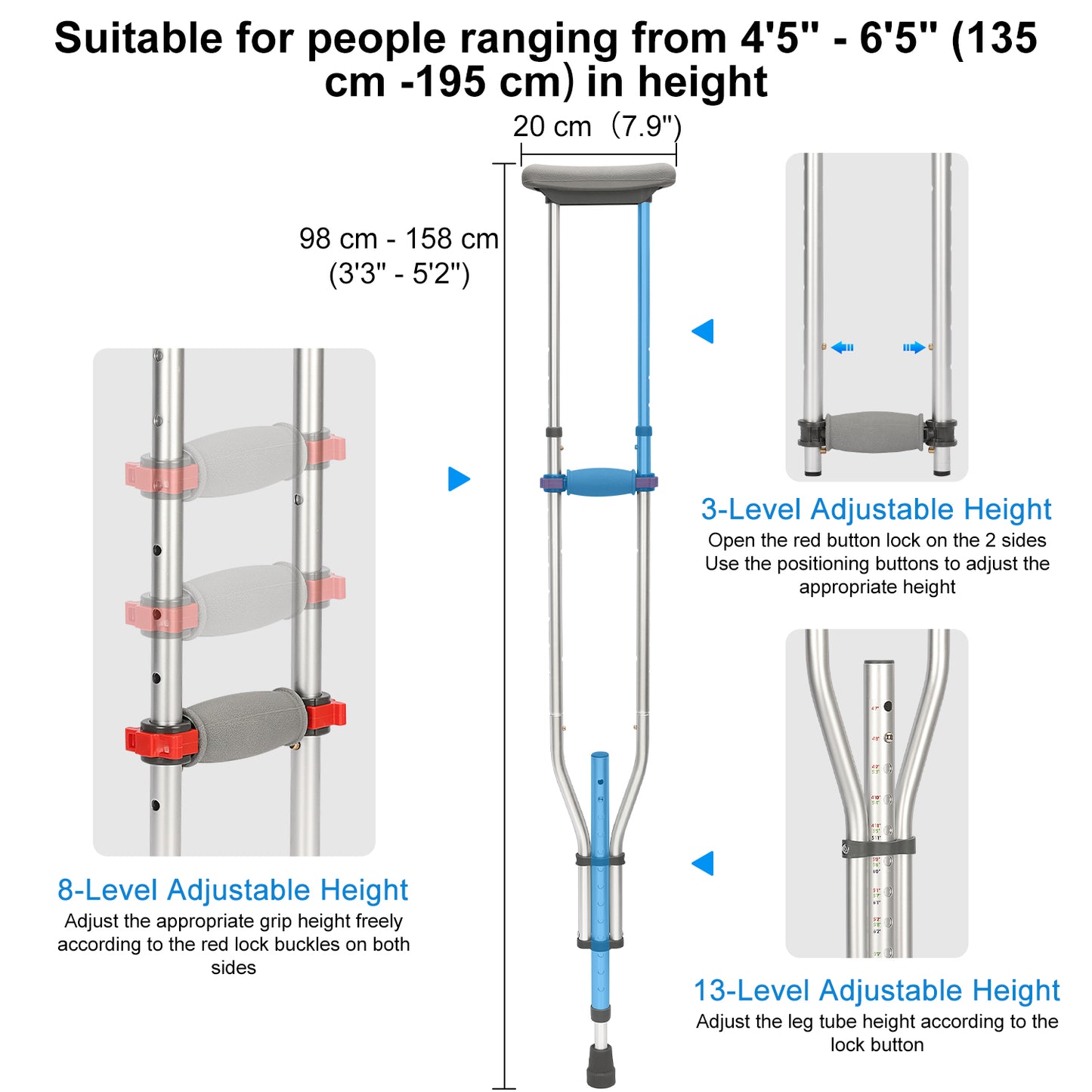 1 Pair Foldable Underarm Crutches Lightweight Cane