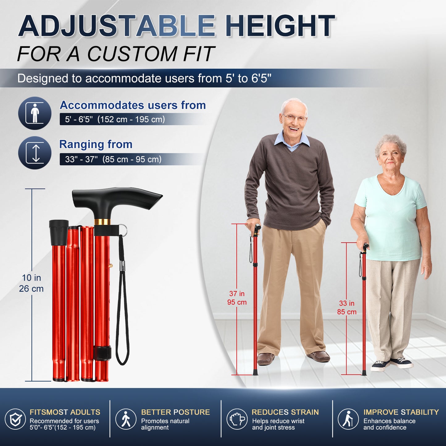 Folding Cane Adjustable Walking Stick Lightweight Travel Cane with T Handle