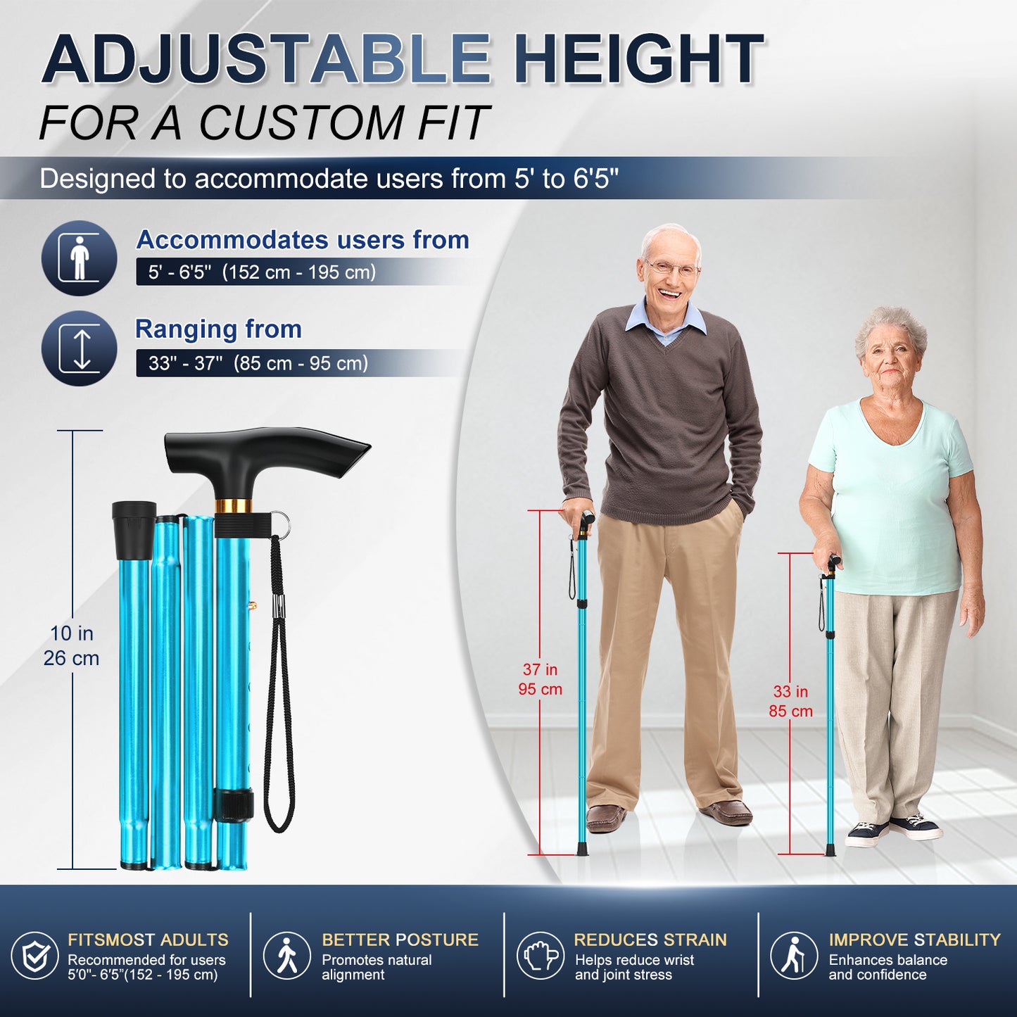 Folding Cane Adjustable Walking Stick Lightweight Travel Cane with T Handle