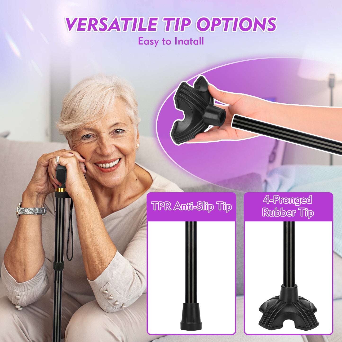 Foldable Walking Cane, Collapsible with Self-Standing Tip