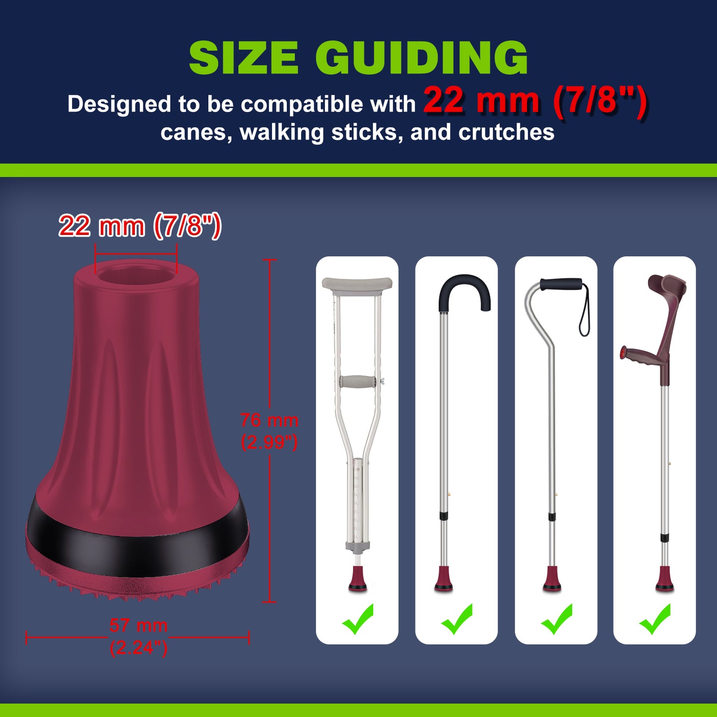 7/8" Heavy Duty Anti-Slip Cane Tips, 2-Pack