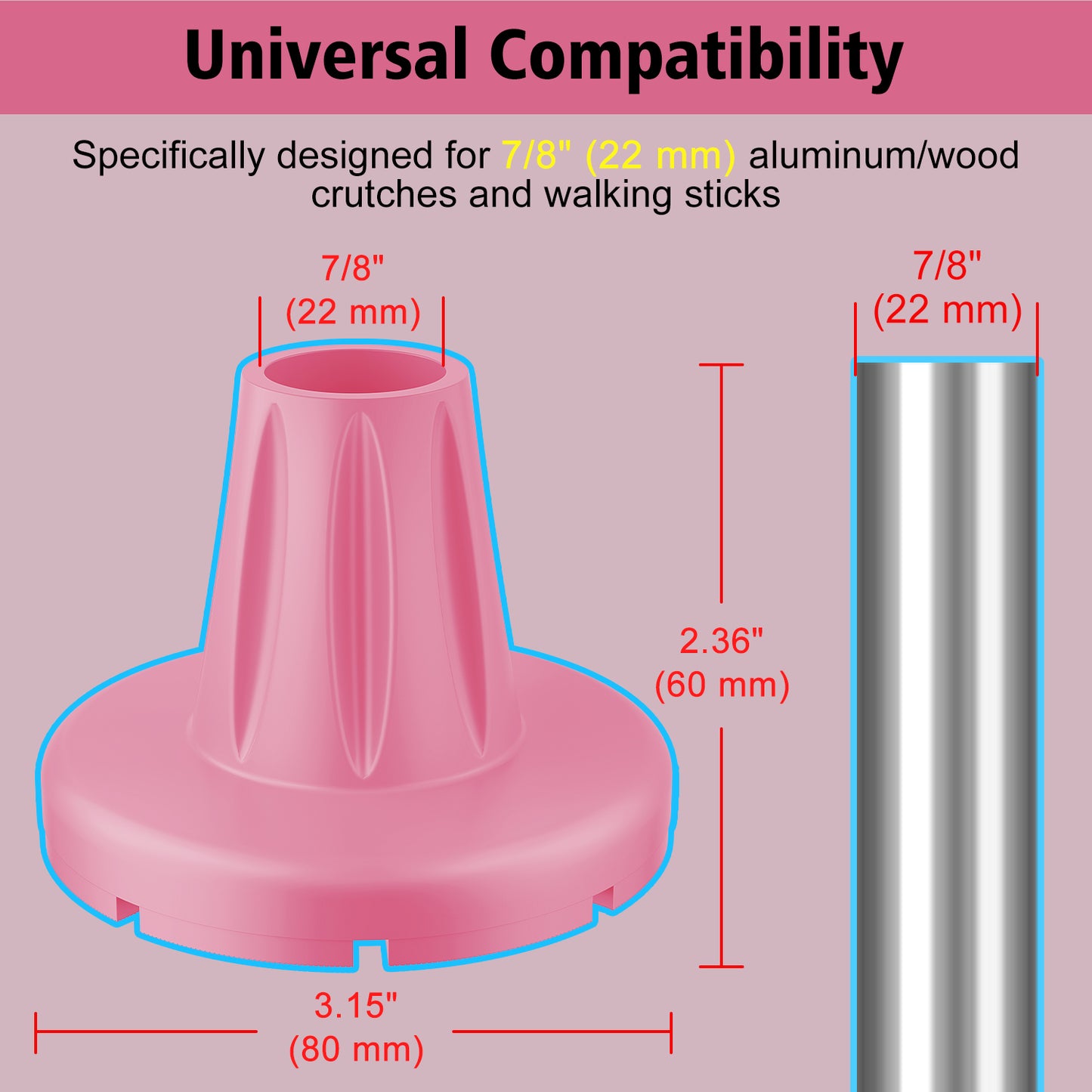 7/8" Heavy-Duty Anti-Slip Rubber Cane Tips with Steel Core, 2-Pack