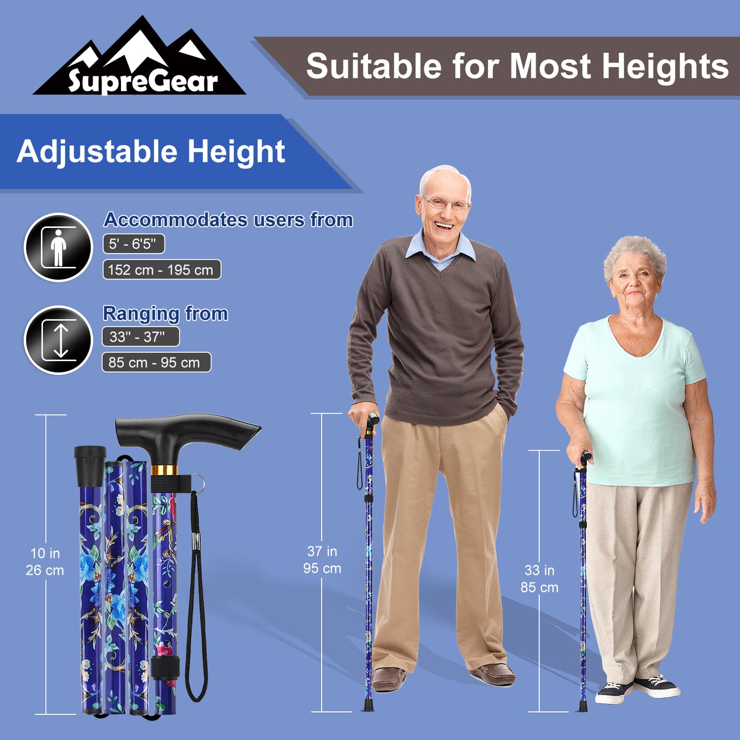 5-Level Adjustable Height Walking Stick Folding Cane