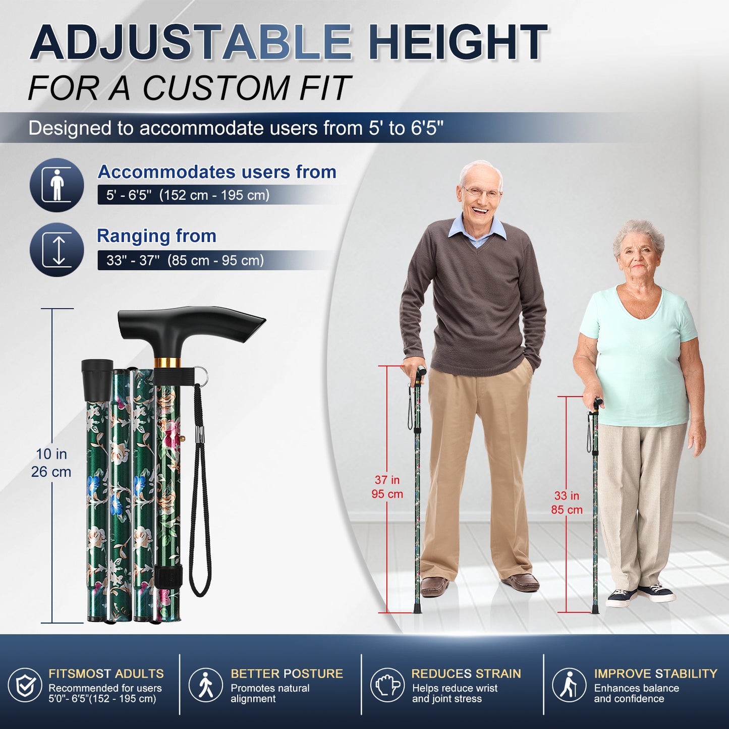 Folding Cane Adjustable Walking Stick Lightweight Travel Cane with T Handle