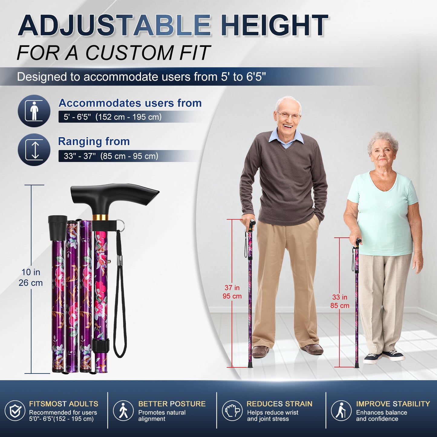 Folding Cane Adjustable Walking Stick Lightweight Travel Cane with T Handle