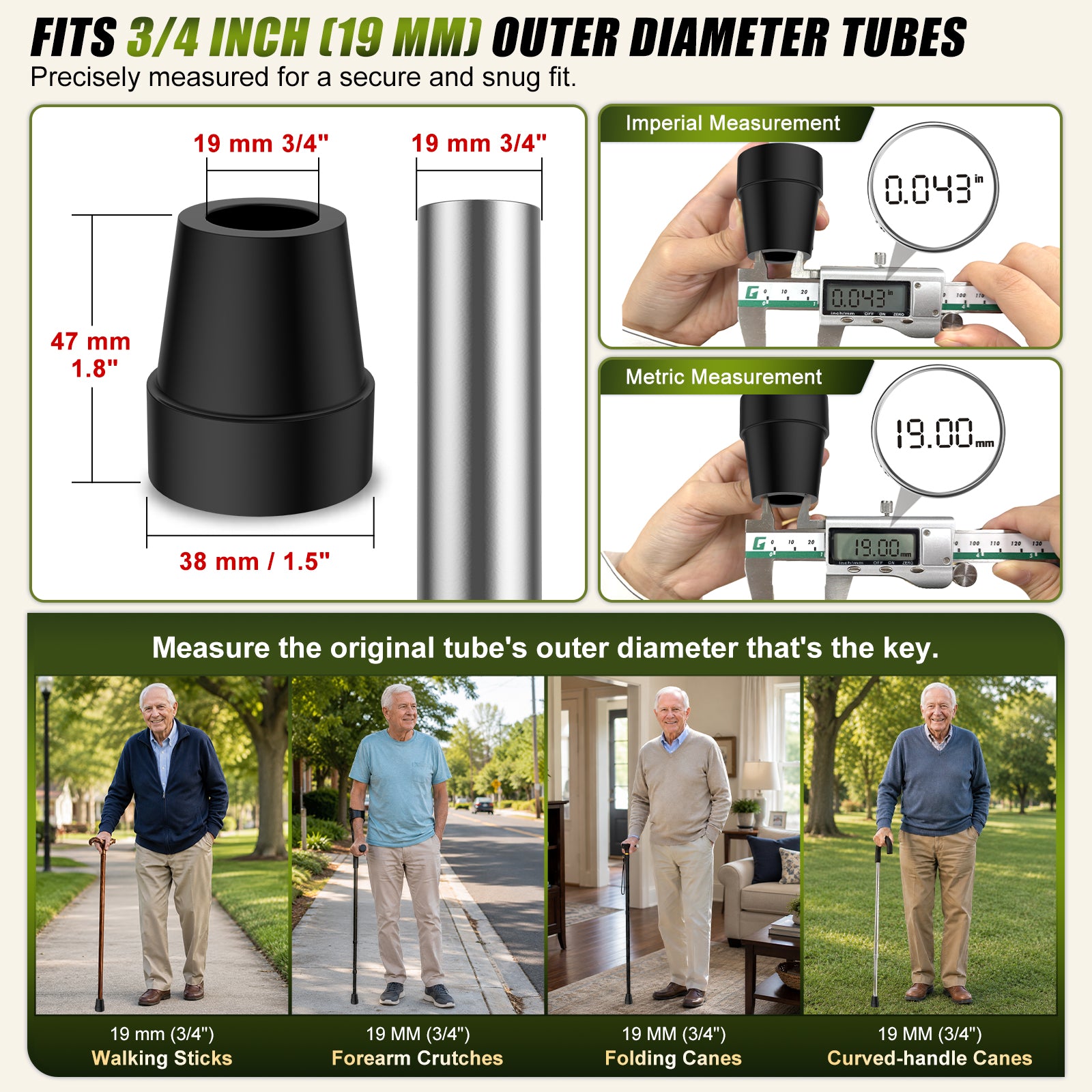 Non-Slip Rubber Cane Tip Replacement, Heavy Duty Walking Cane Foot with Metal Insert for Stability and Support