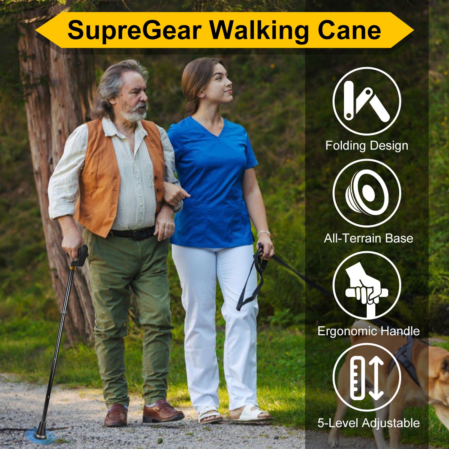Foldable Adjustable Walking Cane with Offset Ergonomic Handle & All-Terrain Tip