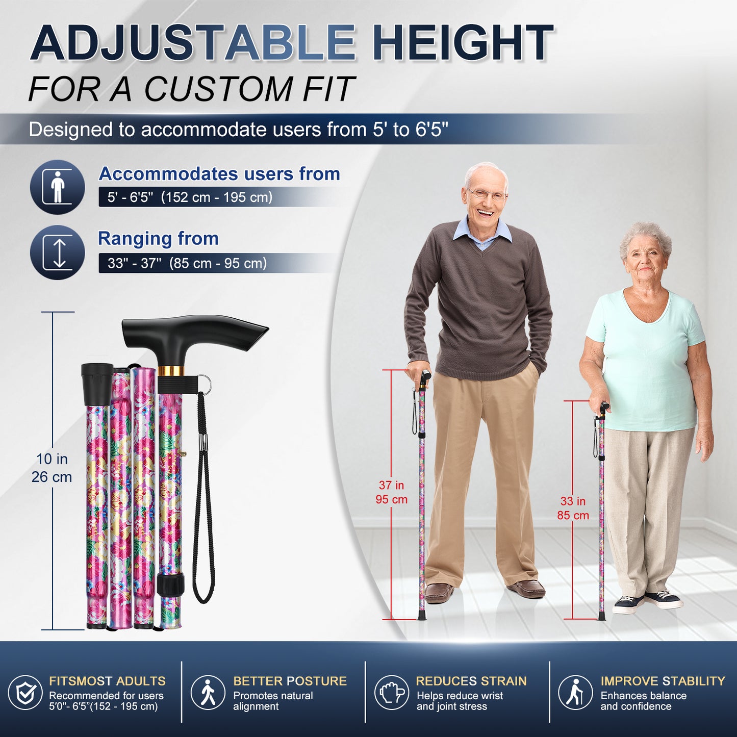 Folding Cane Adjustable Walking Stick Lightweight Travel Cane with T Handle