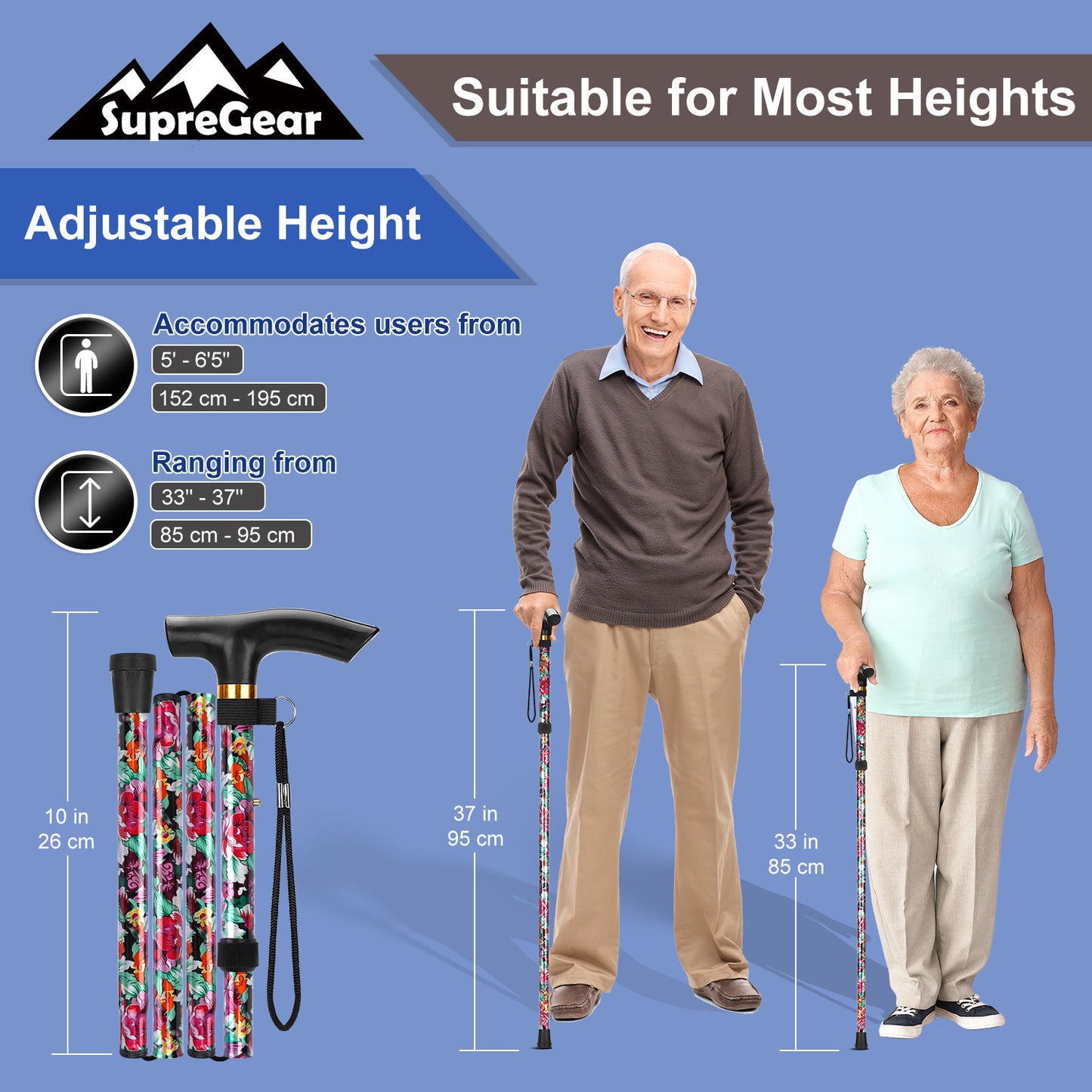 5-Level Adjustable Height Walking Stick Folding Cane