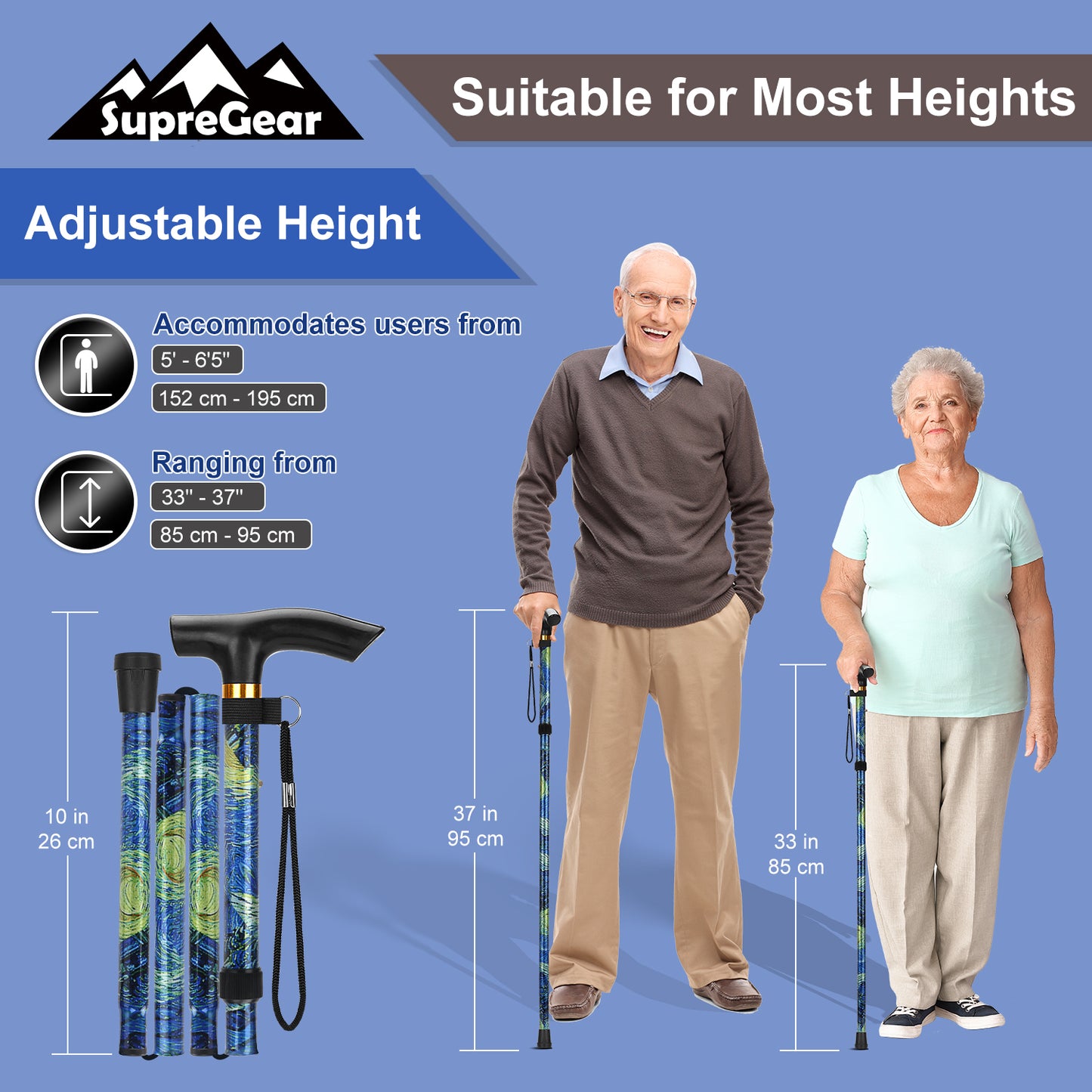 5-Level Adjustable Height Walking Stick Folding Cane