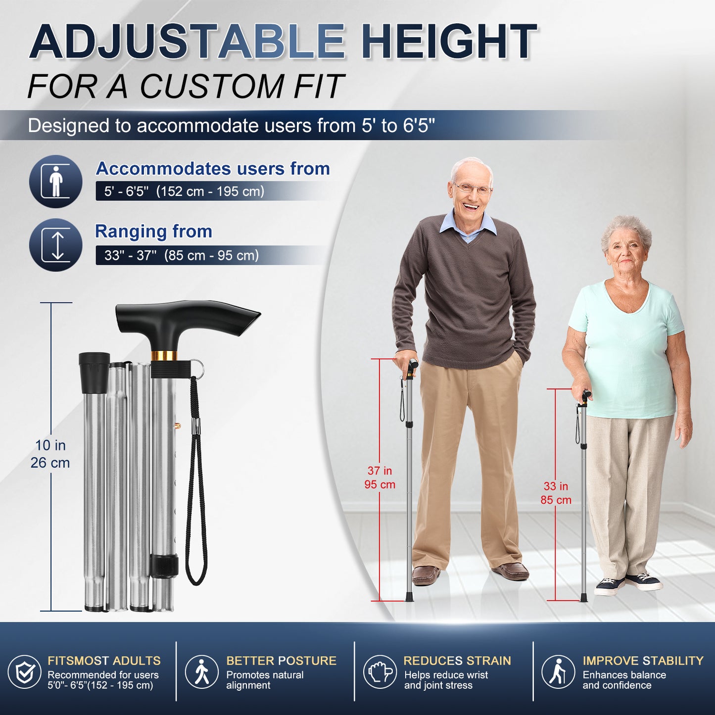Folding Cane Adjustable Walking Stick Lightweight Travel Cane with T Handle