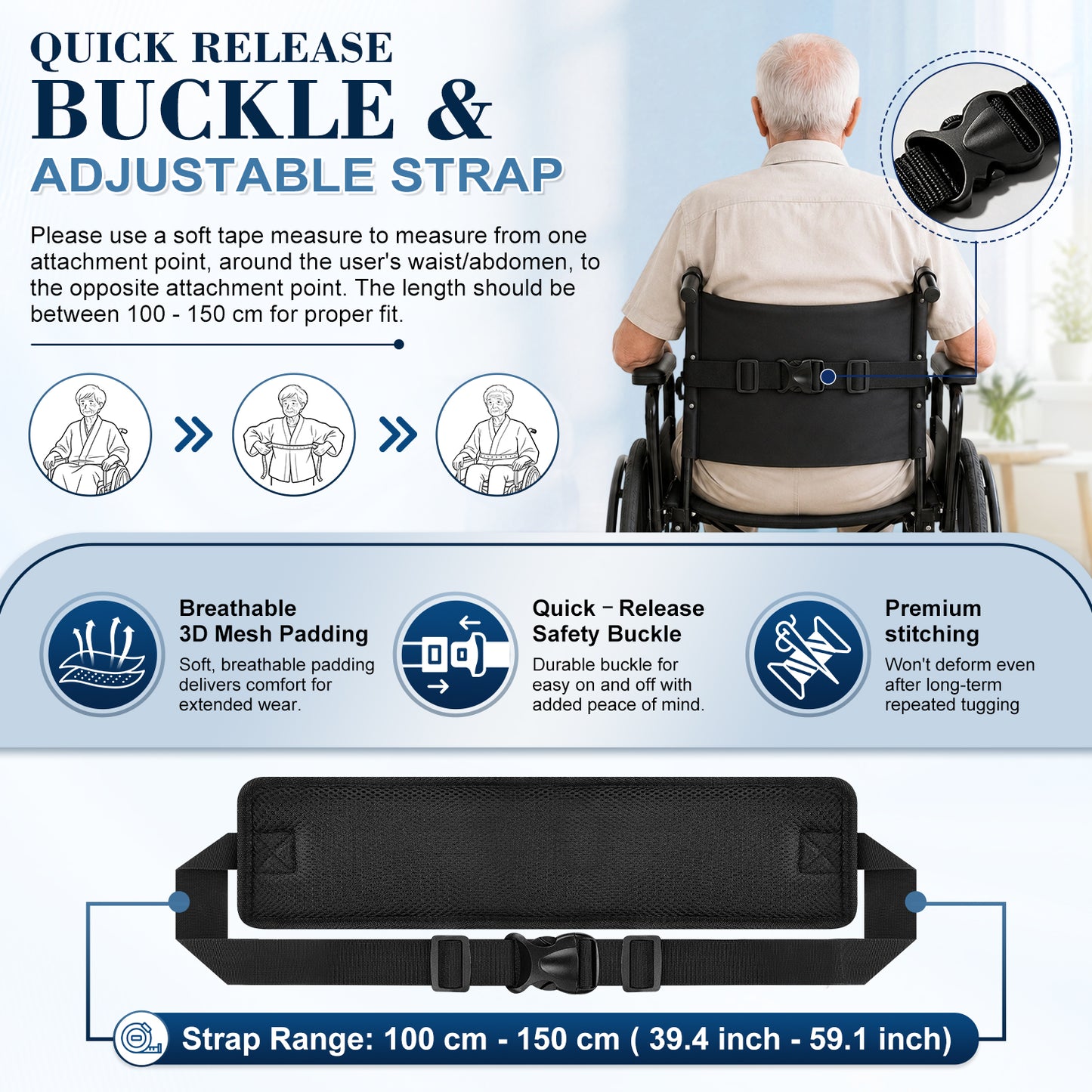 Wheelchair Positioning Belt, Adjustable Breathable Mesh Support Strap for Wheelchairs, Transport Chairs and Mobility Scooters