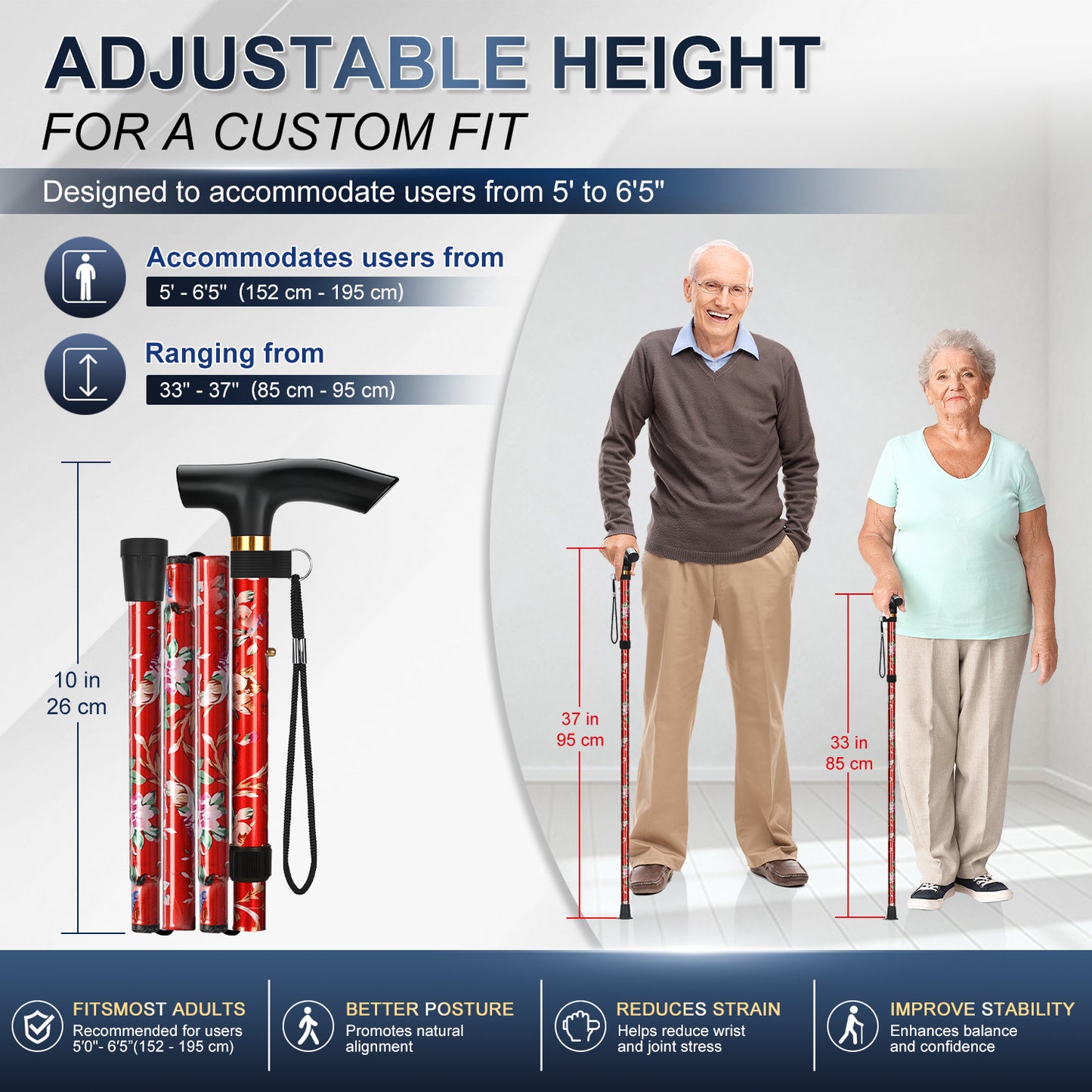 Folding Cane Adjustable Walking Stick Lightweight Travel Cane with T Handle