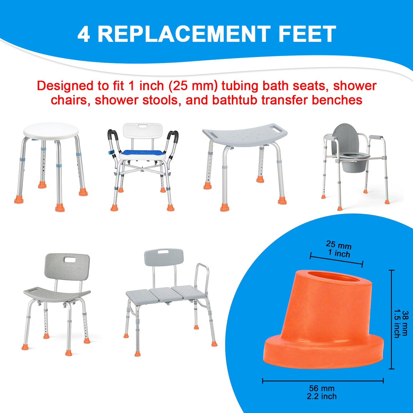 1 Inch Shower Chair Feet, Non-Slip Suction Tips, 4PCS